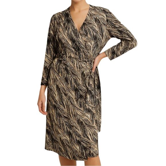 Anne Klein Black and Cream Leaf Print Long Sleeve Sheath Dress - Picture 1 of 9